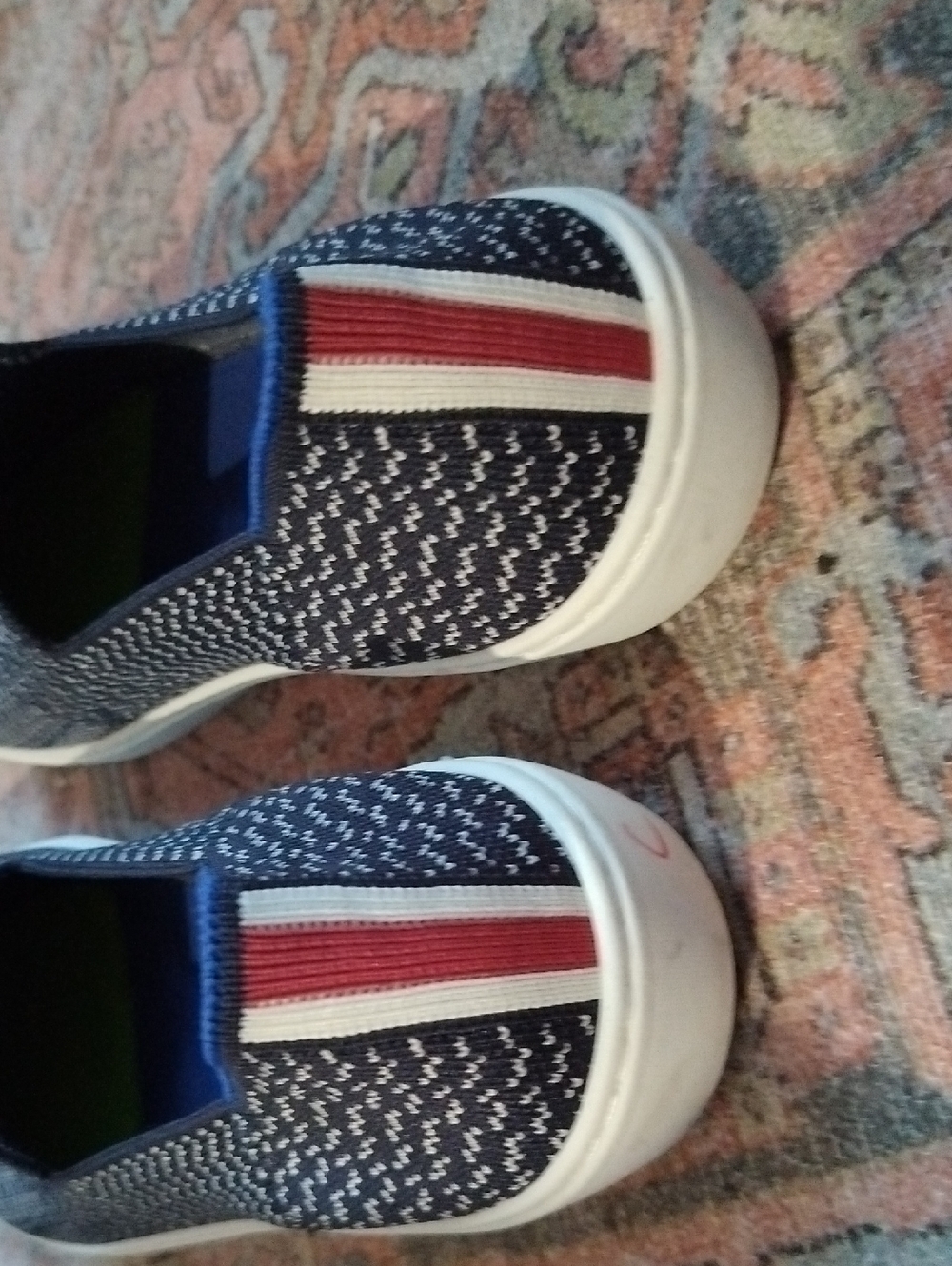 EUC Rothy's Gradient Navy and White Knit Slip-On Sneakers Red Stripe Detail - 10 - Picture 5 of 8